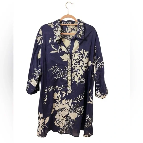 Soft Surroundings beaded tunic cotton blue white leaf print embellished 1X - Picture 2 of 12